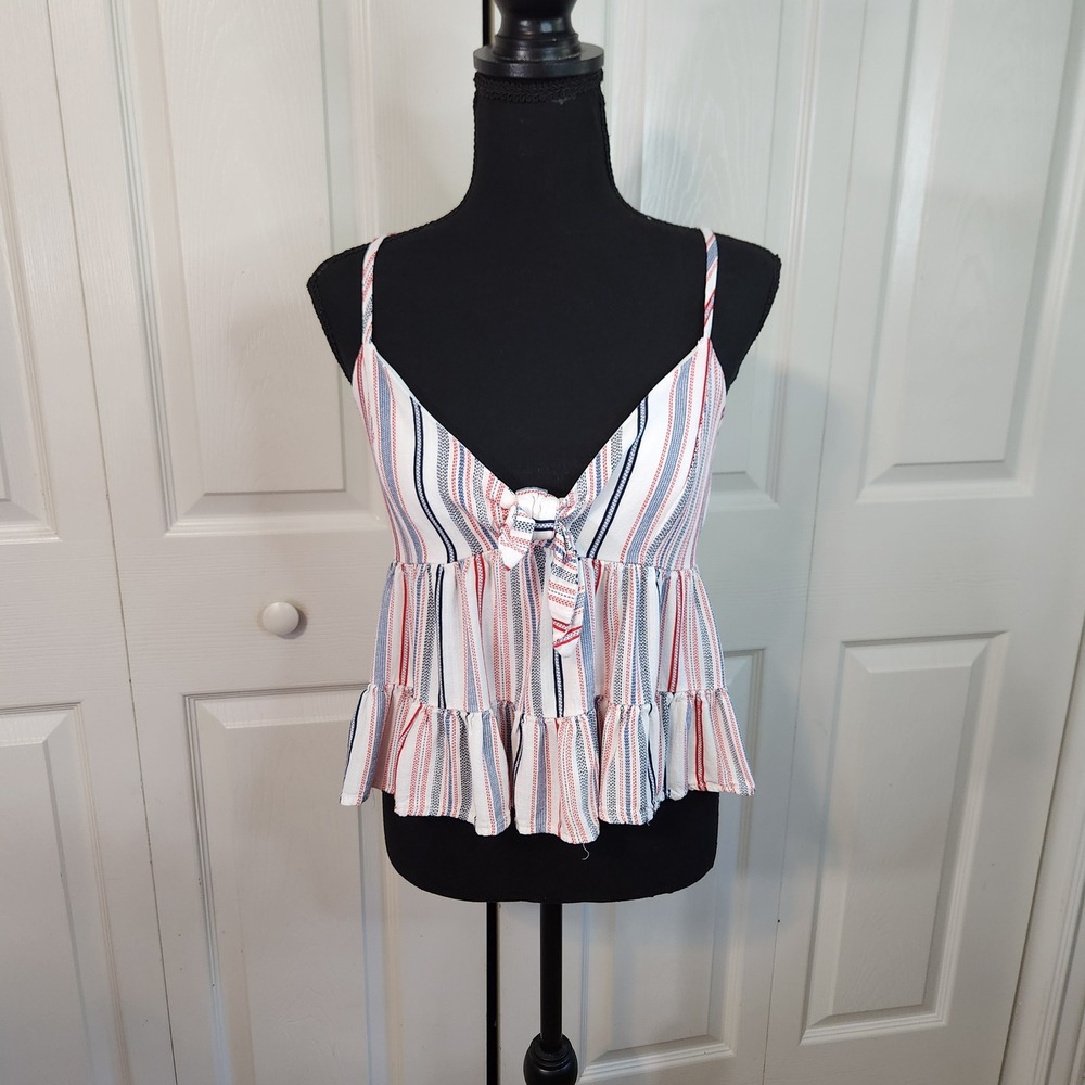 Mi Ami Womens Red White Blue Striped Tie Front Babydoll Cami Top‎ L Americana